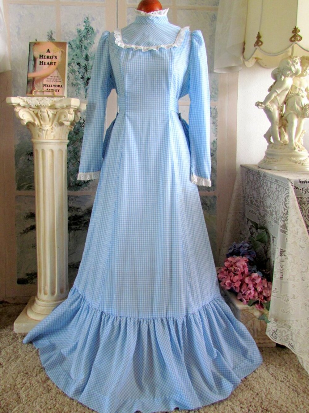 PRAIRIE DRESS, BLUE GINGHAM w 1870s-1880s REMOVABLE BUSTLE, REENACTMENT COSTUME